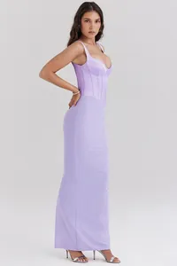 Elegant lavender purple V-neck corset style maxi dress shown from a side profile view