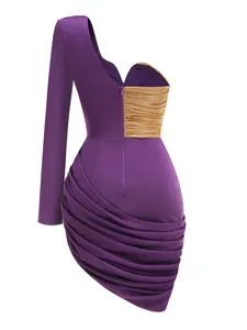 Elegant one-shoulder purple and gold ruched bodycon cocktail dress with one long sleeve