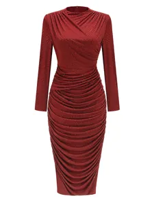 Elegant wine red long sleeve ruched evening dress with sparkling rhinestones for parties