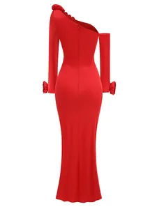 Back view of red one-shoulder evening dress with ruffled floral sleeve details