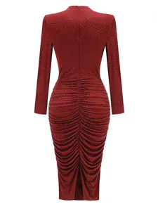 Red long-sleeved bodycon evening dress featuring back ruched detail and hot-drilled rhinestones.