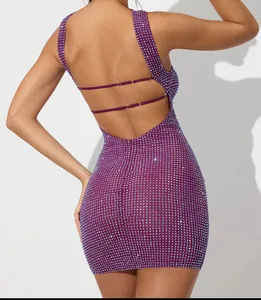 Close-up of purple rhinestone bodycon dress with sexy backless strap detail