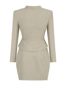 Back view of professional khaki two-piece linen-texture suit with peplum top and mini skirt