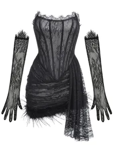 Black lace corset dress with elegant feather trim and matching opera-length gloves.