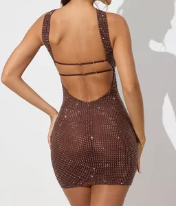 Close-up back view of a sexy brown bodycon mini dress featuring sparkling rhinestones.