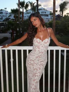 Elegant white floral lace bodycon maxi dress with sweetheart neckline and straps