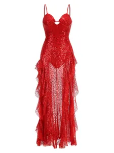 Detailed view of red sequined sheer maxi dress with ruffled high slit and spaghetti straps