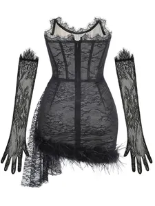 Close-up of black lace dress featuring delicate feather hem and matching lace gloves.