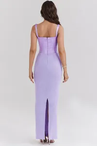 Back view of a lavender corset-style maxi dress with a sophisticated rear slit detail
