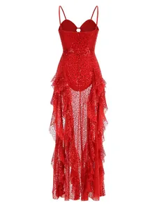 Red sequin spaghetti strap evening dress with high-low tiered ruffles and sheer bottom