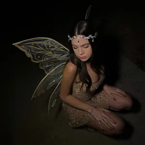 Detail of a gold rhinestone sequin mini dress with fairy wings and sparkling headpiece