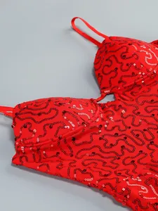 Macro view showing the detailed red sequined embroidery on a mesh evening dress bodice