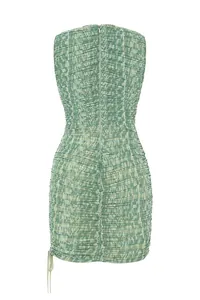 Detailed back view of a sleeveless green mesh ruched bodycon dress with a hidden zipper