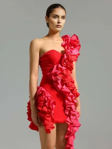 Elegant one-shoulder red cocktail dress featuring vibrant pink ruffles and bodycon fit