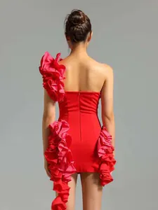 Elegant red one-shoulder bodycon mini dress featuring oversized ruffles in a back view