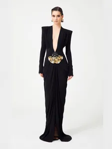 Women Elegant Deep V Neck Long Sleeve Maxi Dress With Metal Insect Buckle Shoulder Pads Bodycon Mermaid Evening Gown
