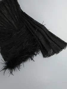 Close-up of elegant black lace dress featuring delicate feather trim and lace texture.