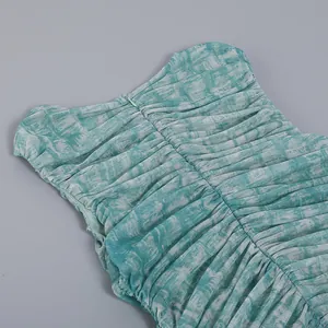 Detail shot of turquoise marble print mesh dress showing ruched back and hidden zipper.