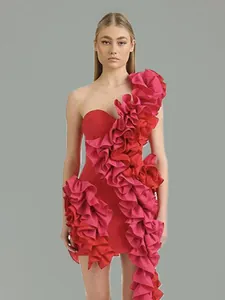 One-shoulder bodycon dress with oversized ruffles in red and pink color block