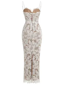 Elegant lace-up back floral lace maxi dress with spaghetti straps for formal evening wear