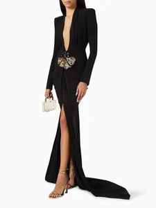 Elegant black long-sleeve fishtail gown with deep V-neck and sequined waist decoration