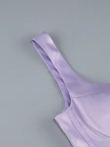 Detailed macro view of a lavender evening dress shoulder strap and premium stitching