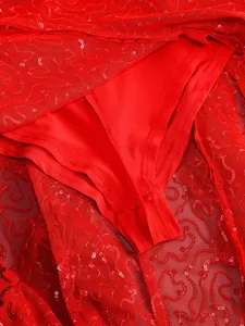 Detail view of red sequin lace material and lining of sexy sheer evening dress