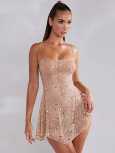 Sexy Nude Spaghetti Strap Mini Dress with Hot Fix Rhinestones Transparent Mesh Clubwear Party Evening Dress for Women