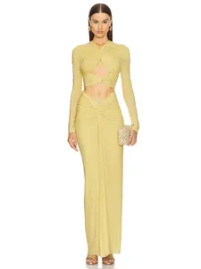 Women Sexy Twist Knot Cut Out Long Sleeve Top And Bottom Slim Fit Ruched Maxi Skirt Party Banquet Formal Clothing