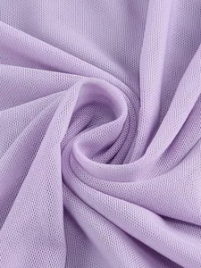 Close-up of elegant purple mesh fabric detail for sexy V-neck backless evening gown