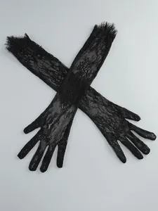 Elegant black lace gloves with intricate floral patterns and delicate fringed edges.