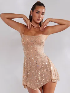 Sexy nude sheer spaghetti strap mini dress with sparkly rhinestone embellishments
