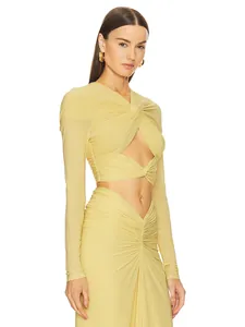 Elegant yellow long-sleeve twist crop top and ruched bodycon skirt two-piece set