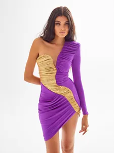 Women Sexy One Shoulder Contrast Color Ruched Bodycon Dress Elegant Long Sleeve Asymmetrical Party Evening Gown