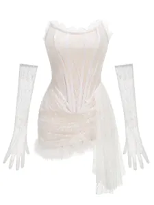 Elegant white lace corset dress with feather hem detail and matching long lace gloves.