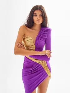 Elegant purple and gold one-shoulder bodycon mini dress for sexy evening party wear