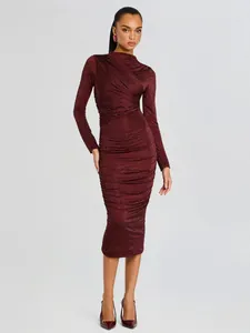 Sexy Women's Rhinestone Evening Dress Elegant Ruched Bodycon Midi Dress Long Sleeve Back Slit Mock Neck Banquet Party Gown