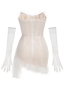 Back view of white lace corset dress with feather trim and matching gloves set
