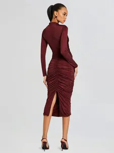Elegant burgundy long-sleeve ruched midi dress with hot-fix rhinestones and back slit