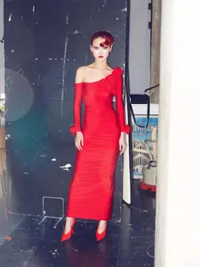 Women One Shoulder Ruched Midi Dress With 3D Flower Applique Sexy Slim Fit Long Sleeve Slit Evening Party Gown Red Polyester Top And Bottom