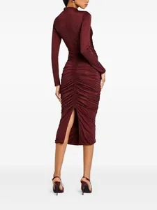 Elegant burgundy rhinestone ruched midi dress with back slit and long sleeves for party