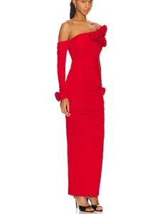 Elegant red one-shoulder evening gown featuring 3D floral details and a slim fit design