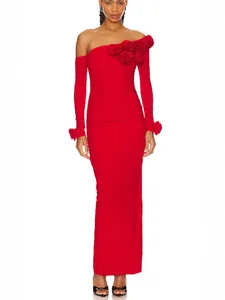 Elegant red one-shoulder ruched maxi dress with 3D floral details for formal occasions