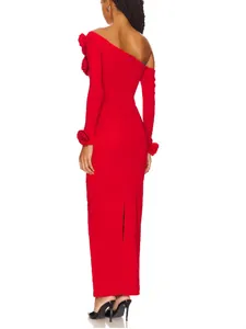 Elegant red off-shoulder slim-fit maxi dress with 3D floral accents and a back slit
