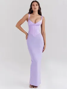 Women Sexy V-Neck Backless Corset Maxi Dress Lavender Satin Spaghetti Strap High Slit Evening Party Gown