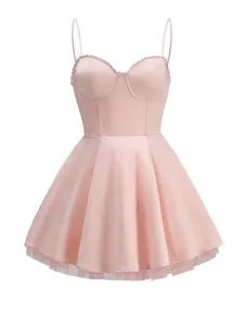 Elegant pink camisole mini dress featuring a corset bodice and a pleated tulle flared skirt.