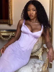 Elegant lavender satin corset midi dress with V-neckline and open back for women's evening party