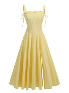 Elegante abito giallo con spalline sottili, corpetto a corsetto e gonna midi svasata