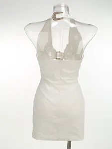 Elegant back view of white halter neck mini dress featuring a rhinestone metal buckle