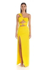 Sexy yellow one-shoulder ruched maxi dress with high slit and elegant cutout detail